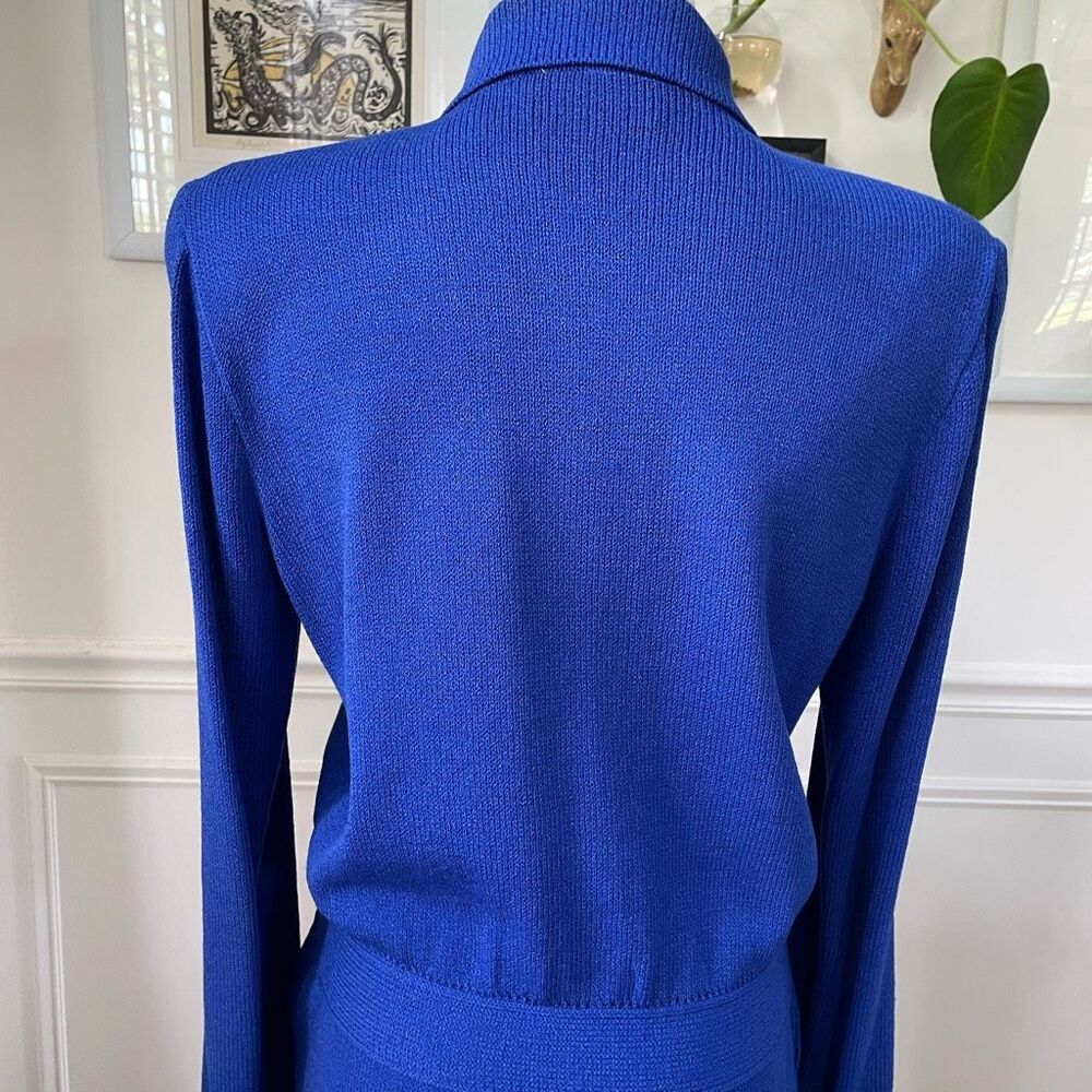 Vintage St John 3pc Skirt Suit Santana Knit Cobalt Blue Silk Scarf M 10 - Picture 5 of 10